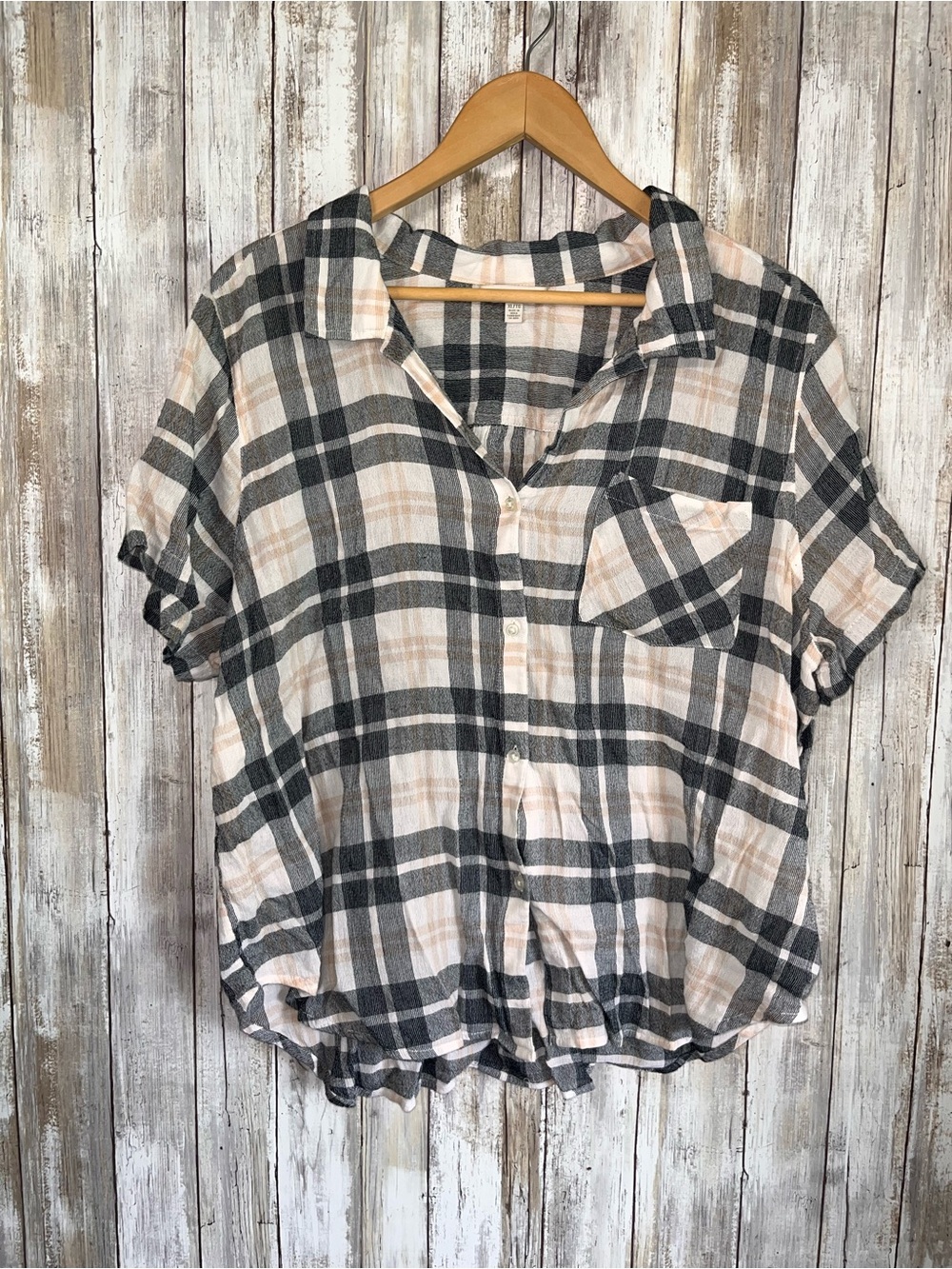Lucky Brand Plaid Button Front Shirt Blouse Black Cream Blush XL - Picture 1 of 5
